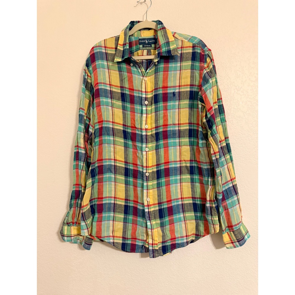 Polo Ralph Lauren Mens Custom Fit Linen Madras Plaid Button Down Shirt Large L